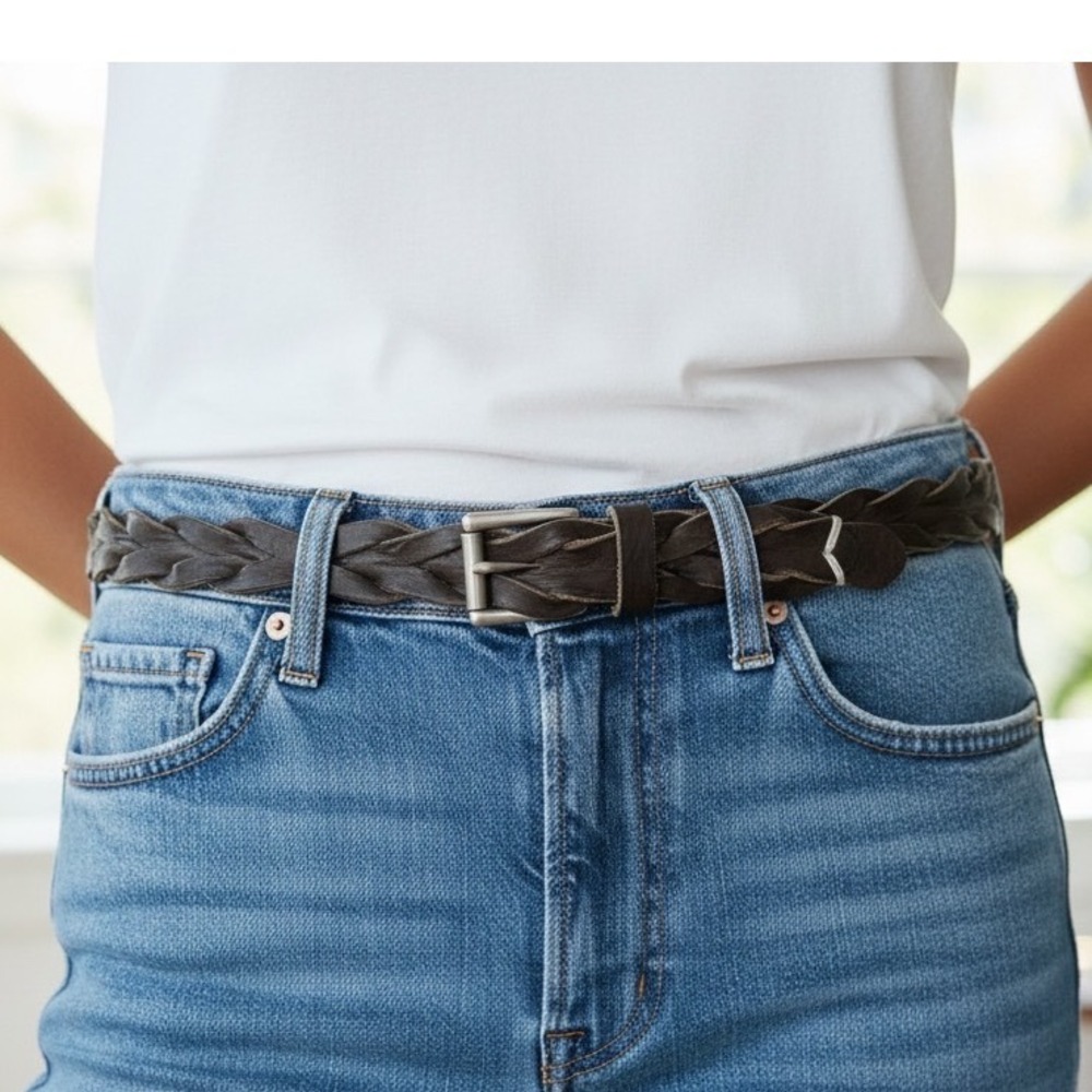 Brave Leather Dark Brown Braided Woven Belt Silver Roller Buckle Women's Size 28